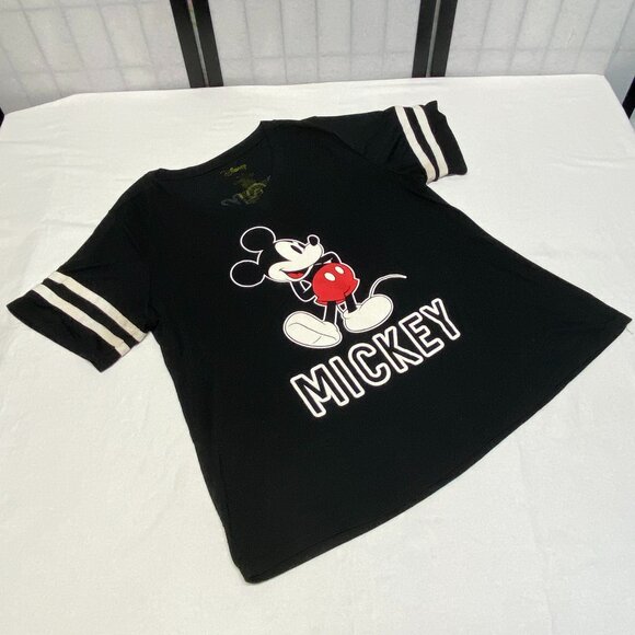 Short Stripe Sleeve V Neck Two Side Mickey Mouse Screen Print Tee Shirt Black 2X - Picture 9 of 13